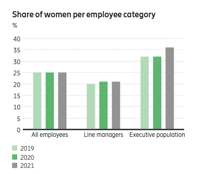 graps showing the increase in share of women per employee category over three years from 2019 to 2021