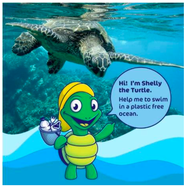 A sea turtle, and an animated turtle. "Hi! I'm Shelly the turtle."