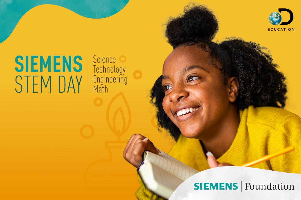 Banner image of a student holding a book withe words "Siemens STEM Day" 
