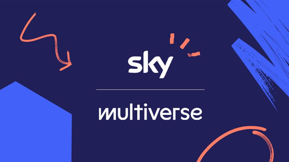 Blue background with abstract shapes and lines "Sky Multiverse" on top