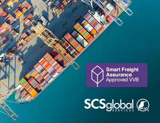 Docked freight vessel with stacked containers, featuring the SCS Global Services logo and the Smart Freight Assurance Approved VVB logo.