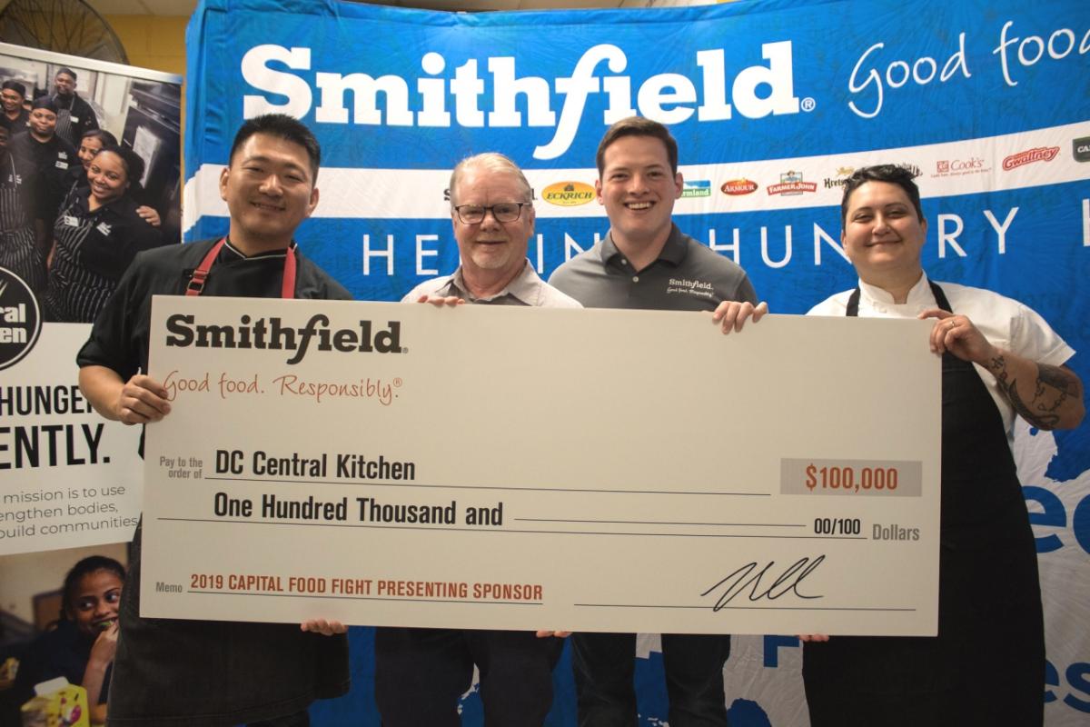 Smithfield Foods donates 40,000 pounds of protein to DC Central Kitchen and volunteers in test kitchen ahead of Nov. 6 Capital Food Fight Event.