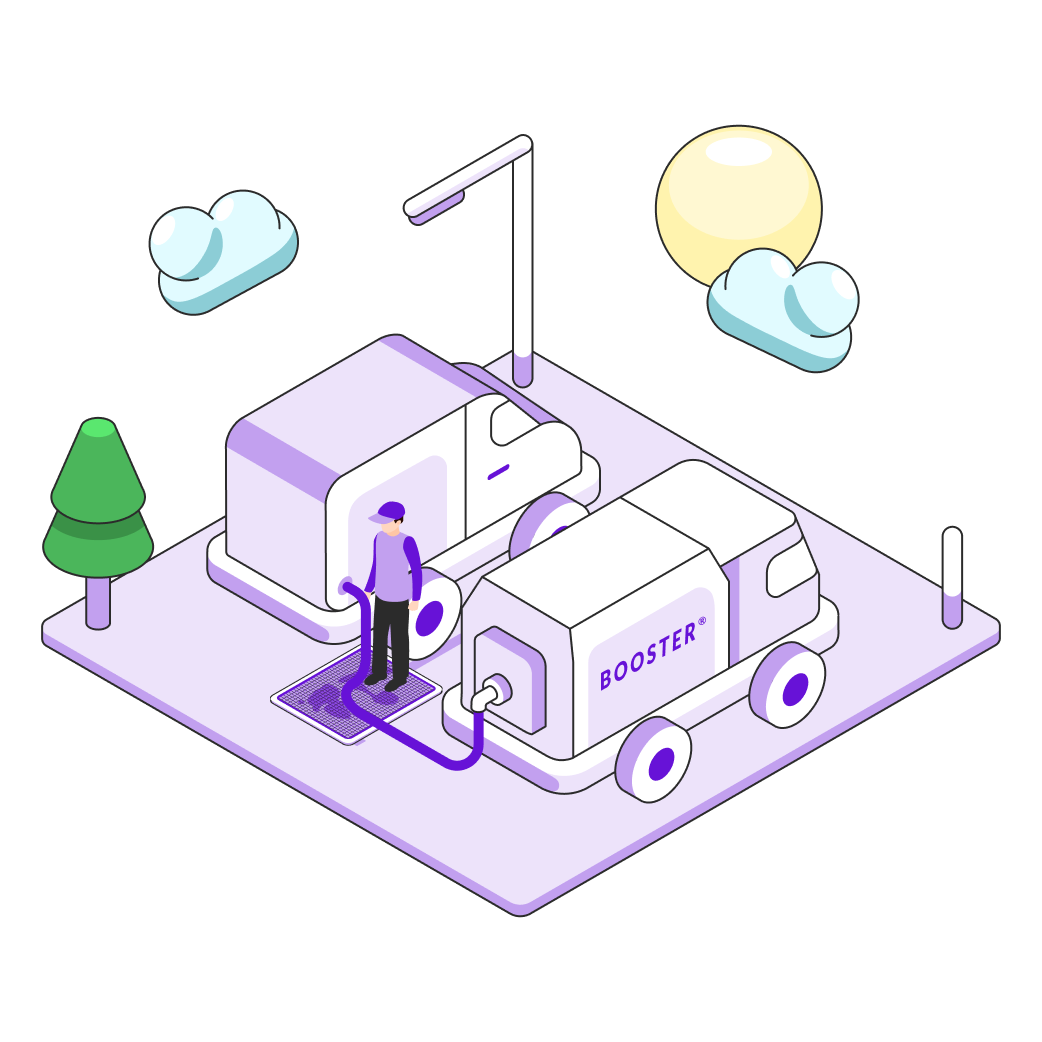 Illustration of a Booster service professional fueling a purple van. 