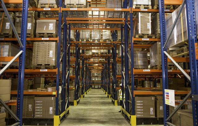 Rows of shelving in a logistics warehouse