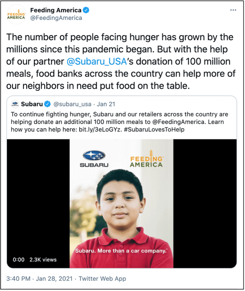 A few months ago, Subaru generously donated 50 million meals to Feeding America through a campaign that supported 199 food banks across the country. More recently, Subaru helped donate 100 million additional meals.