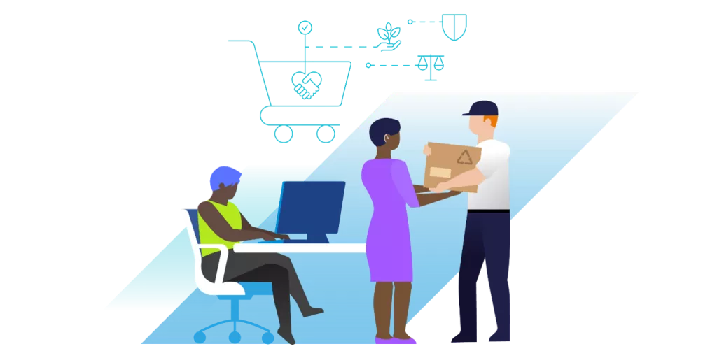 Graphic of someone sat at a desk while another person is handing over a parcel