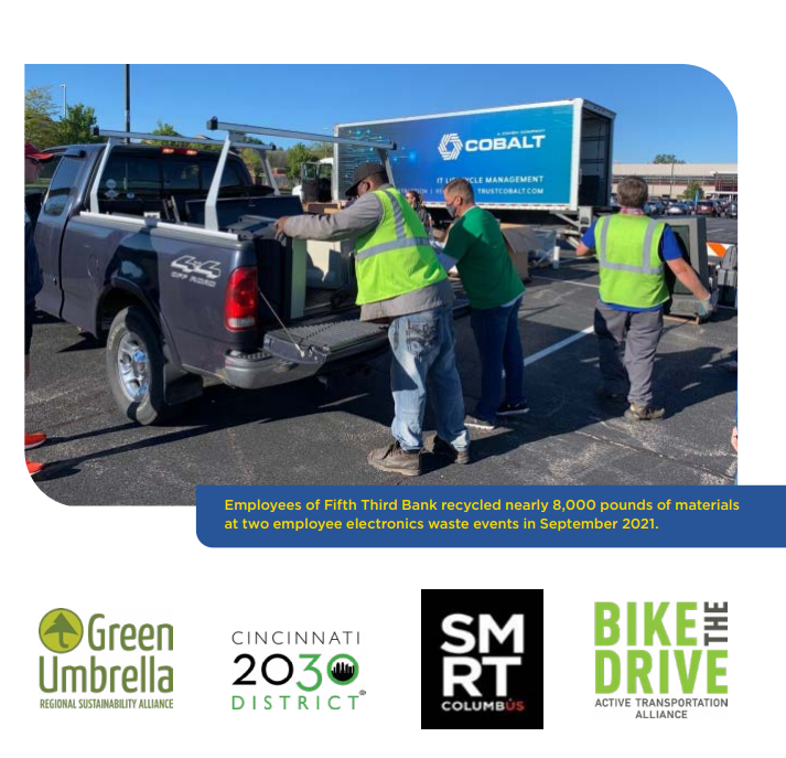 Green Umbrella logo, Cincinnati 2030 District logo, SMRT logo, and Bike the Drive logo, with an image of someone loading a truck