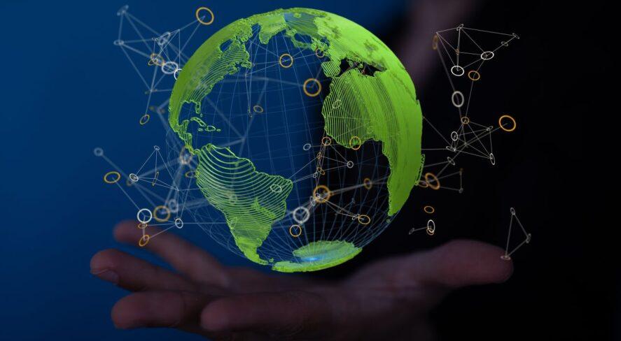 Globe shown in the palm of a hand.