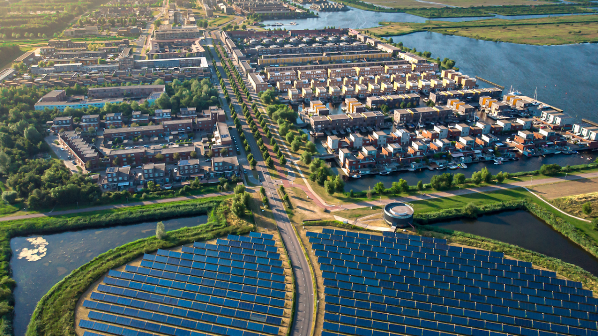 Birds eye view of a community with water on both sides.