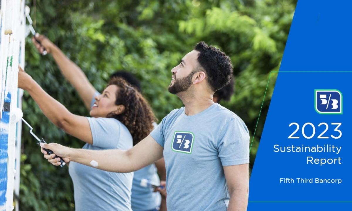 Courtesy of Fifth Third Bank Cover of Fifth Third Bancorp's 2023 Sustainability Report, showing volunteers working together with paint rollers
