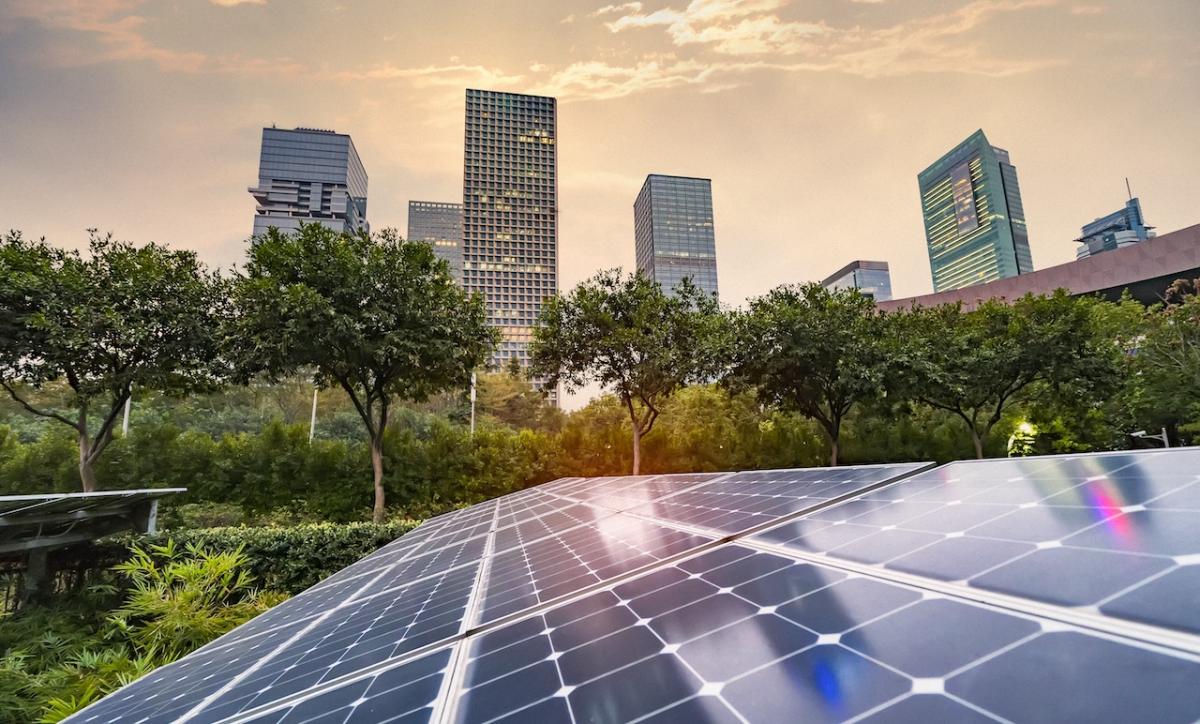 Solar panel array with a cityscape in the background.