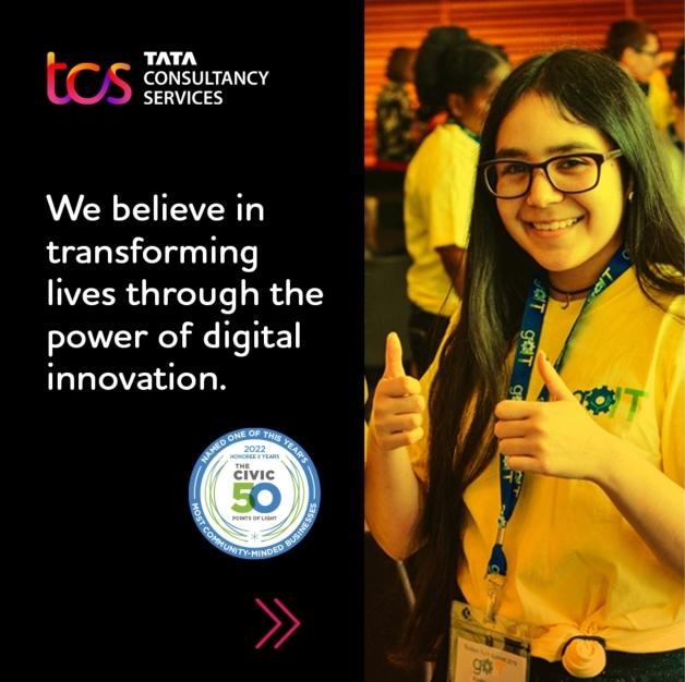 Image of a young woman giving the thumbs up with following words superimposed: "We believe in transforming lives through the power of digital innovation." 