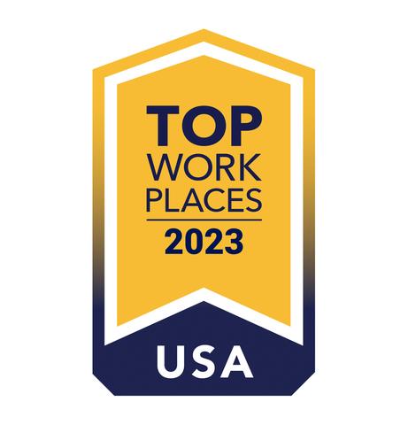 CACI has been named a Top Workplace USA 2023 by employee engagement technology partner Energage, LLC. for a third consecutive year. (Photo: Business Wire) Gold and blue badge "Top Work Places 2023 USA"