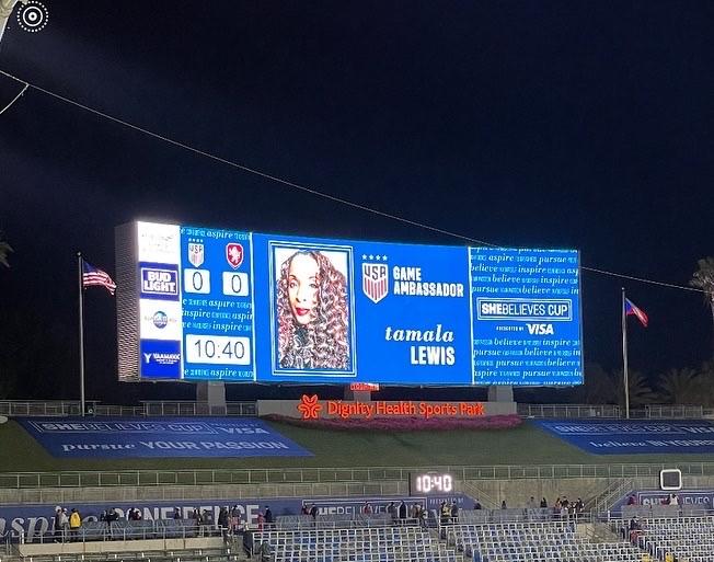 AEG's Tamala Lewis honored as U.S. Soccer SheBelieves Ambassador During SheBelieves Cup Tournament at Dignity Health Sports Park AEG's Tamala Lewis honored as U.S. Soccer SheBelieves Ambassador During SheBelieves Cup Tournament at Dignity Health Sports Park
