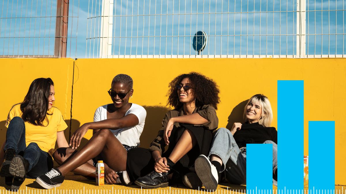 Four people sat against a yellow wall