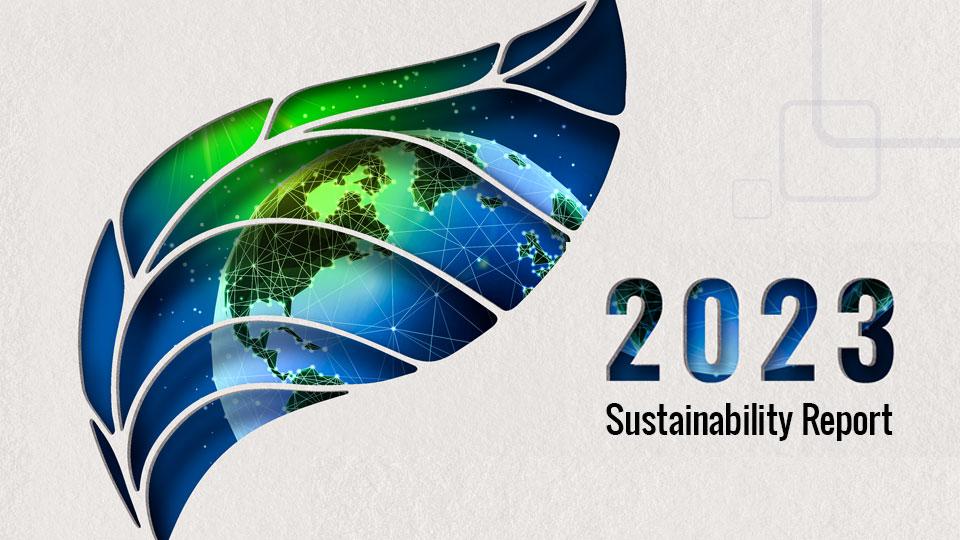 Tetra Tech’s 2023 Sustainability Report cover is a stylized globe framed within a cutout of a leaf 