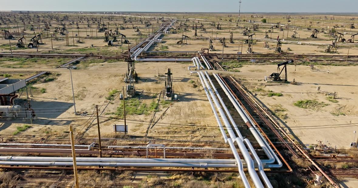Aerial view of a pipeline sprawling across land