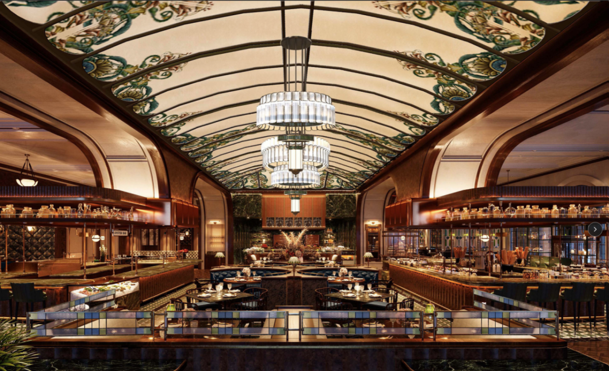 Large restaurant with chandeliers 
