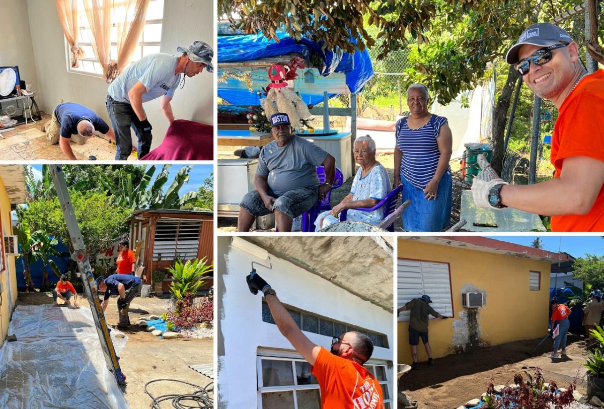 Photo montage of Home Depot volunteers working to repair damage from Hurricane Maria.
