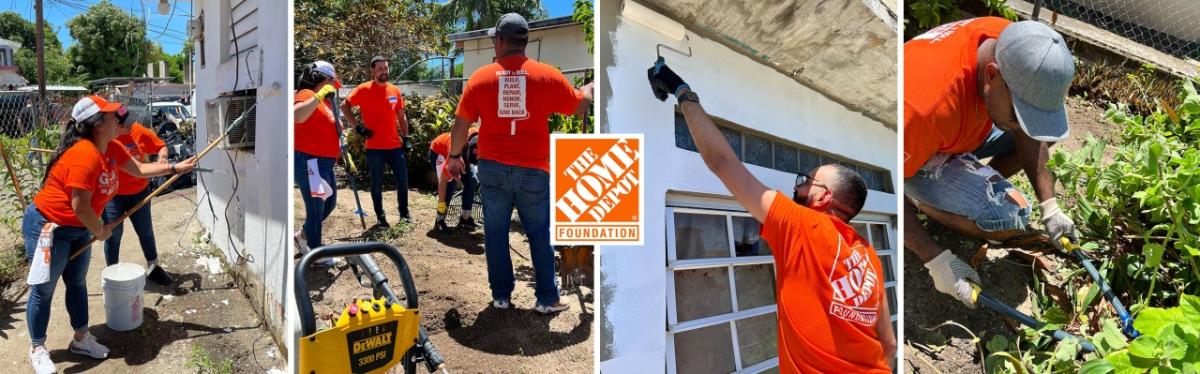 Home Depot volunteers painting, repairing and working on the garden of a home.