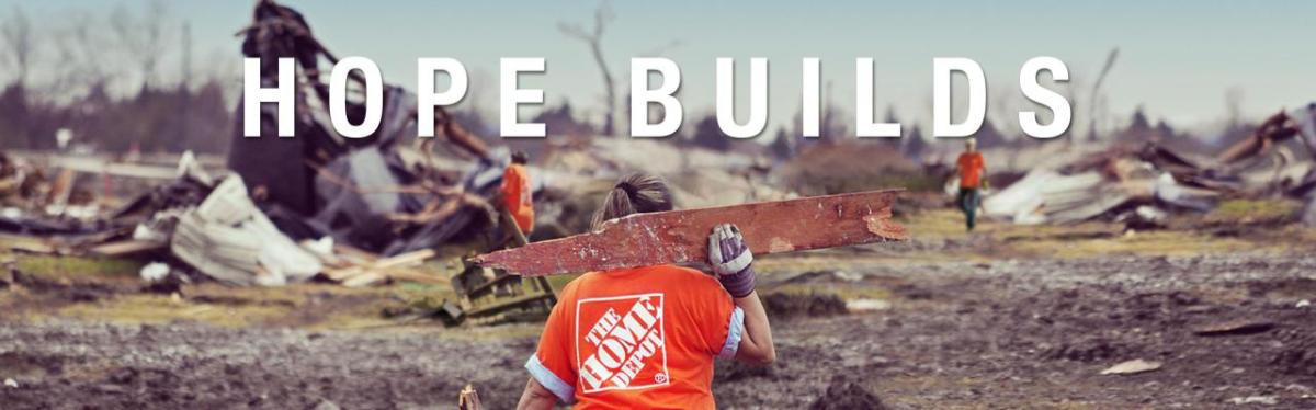 The Home Depot: Hope Builds. Home Depot volunteers shown rebuilding after a disaster.