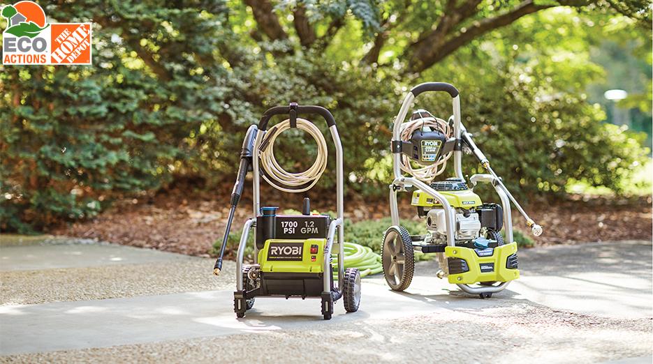 The Home Depot and Eco Actions logo shown with rental tools.