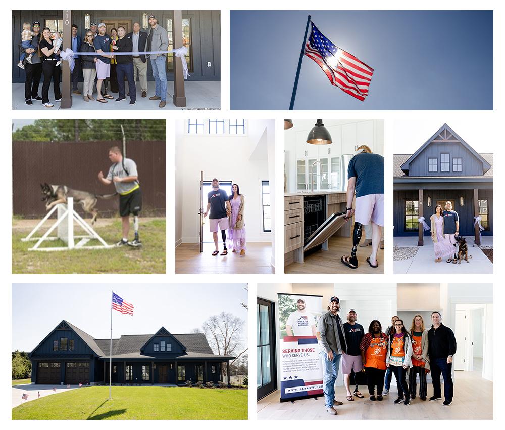 Photo collage of Staff Sergeant Chris Burrell, his family, his new home and The Home Depot Foundation volunteers.