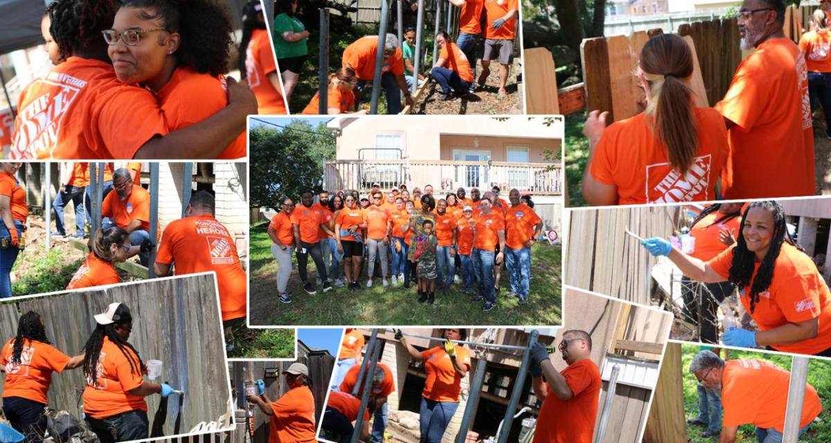 Collage of volunteers and the finished work on the house.