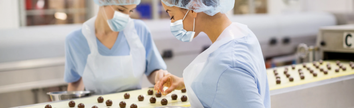 Gowned and gloved workers inspect production line.