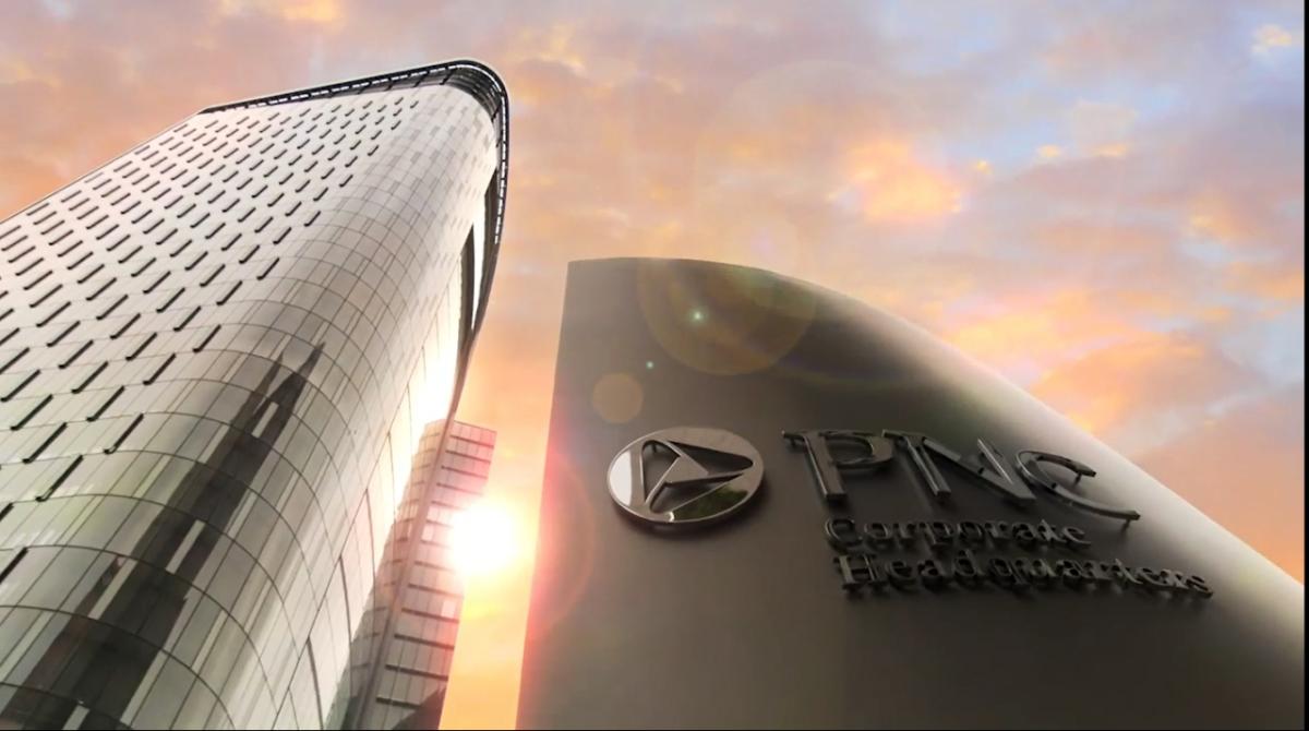 PNC corporate tower sign at sunset
