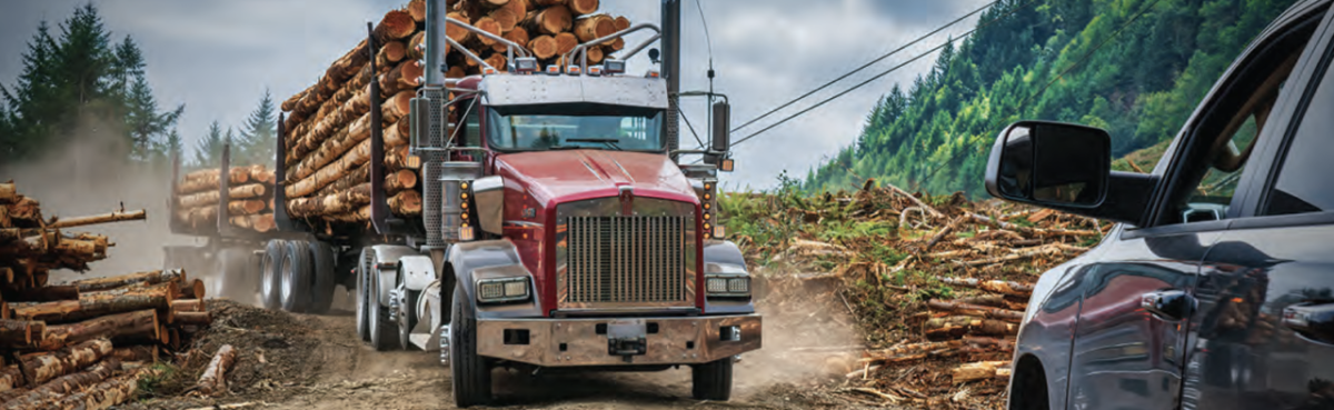 Red truck transporting logs
