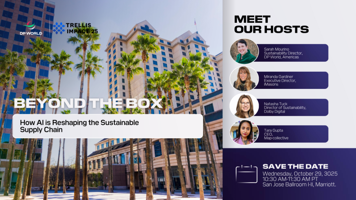 Event graphic for DP World’s Trellis Impact 25 session ‘Beyond the Box: How AI is Reshaping the Sustainable Supply Chain.’ Features hosts Sarah Mourino, Miranda Gardiner, Natasha Tuck, and Tara Gupta. Event date: October 29, 3025, 10:30–11:30 AM PT at the San Jose Marriott