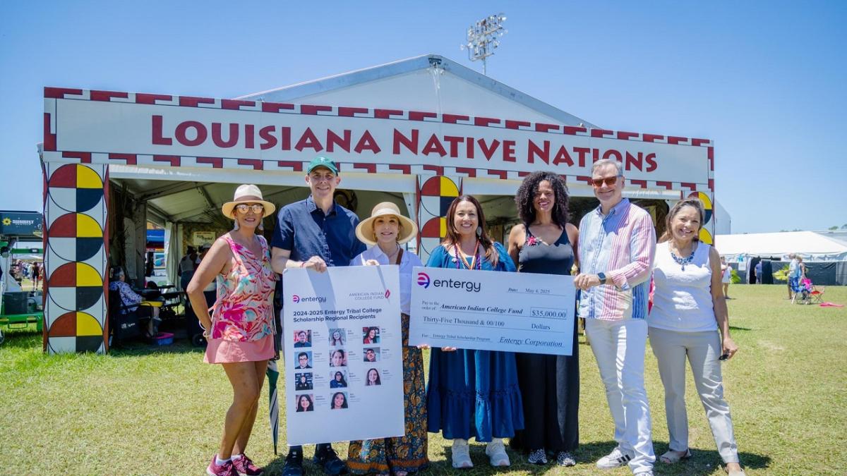 Entergy Louisiana President and CEO Phillip May, alongside Entergy New Orleans President and CEO Deanna Rodriguez, presented a $35,000 grant to the College Fund and the Chief of the United Houma Nation.