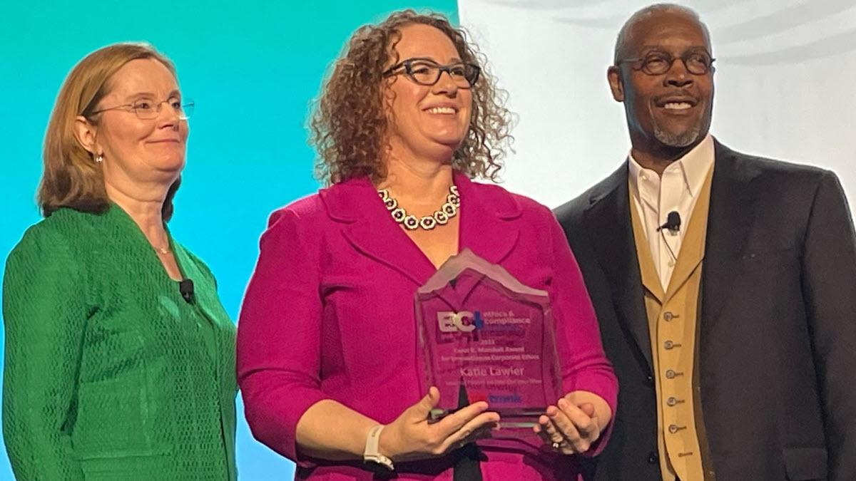Photo: Katie Lawler, center, was recently recognized by Ethics & Compliance Initiative with its Carol R. Marshall Award for Innovation in Corporate Ethics. Katie Lawler, center, was recently recognized by Ethics & Compliance Initiative with its Carol R. Marshall Award for Innovation in Corporate Ethics.