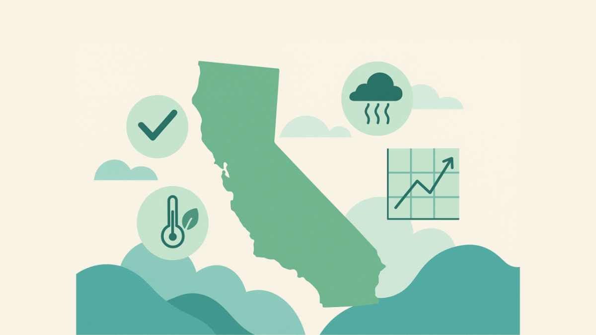 Flat-style illustration of California with ESG compliance and climate-risk icons, representing the impact of SB 261 and SB 253 climate regulations.
