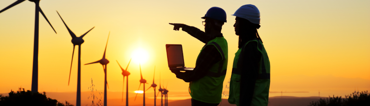 people surveying windmills