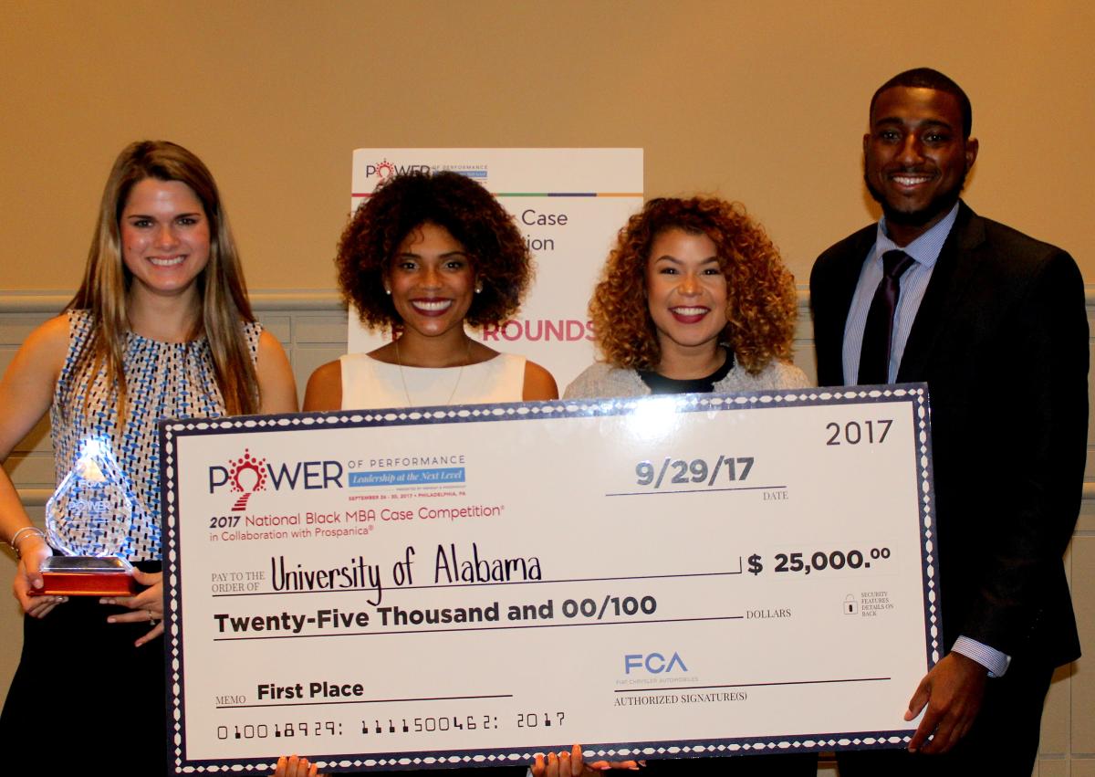 Students from the University of Alabama took home the first place trophy as champions on the 2017 National Graduate Student Case Competition and $25,000 in scholarships. The winning team members were (l to r) Liz Alley, Bryonna Rivera Burrows, Jessika Banks and Myles Ward.
