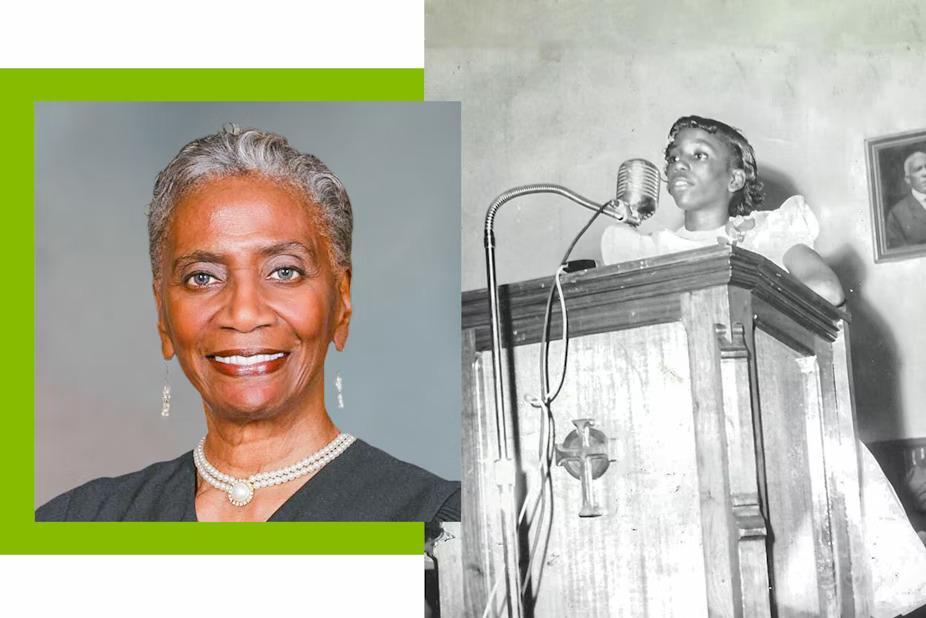 Collage of two photos: Left- Judge Vanzetta McPhearson in judicial robe, Right- Vanzetta at a podium as a child