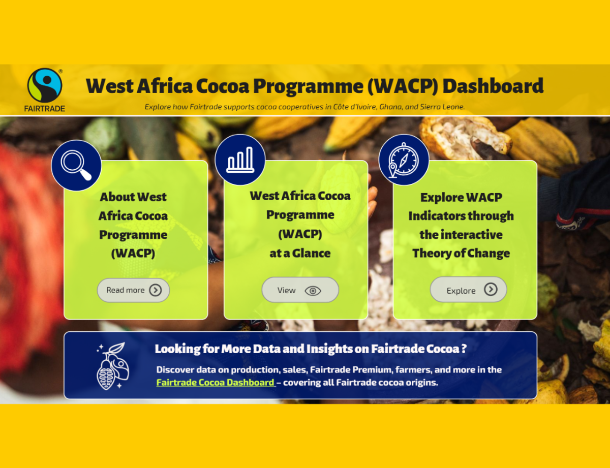 This graphic shows Fairtrade's West Africa Cocoa Program dashboard, an interactive tool that displays four years of data about cocoa farming.
