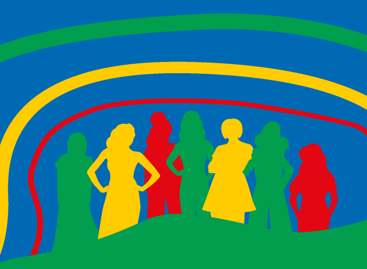 Colorful silhouettes of seven people. Block colors of blue, green, yellow and read around them.