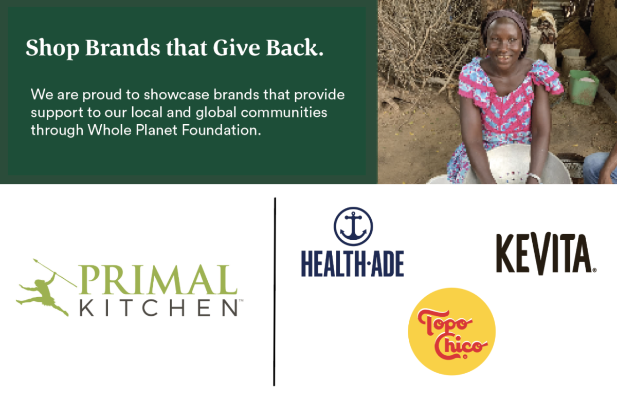 "Shop Brands that Give Back" with image of person smiling and Primal Kitchen, Health-Ade, KeVita, and Topo Chico logos