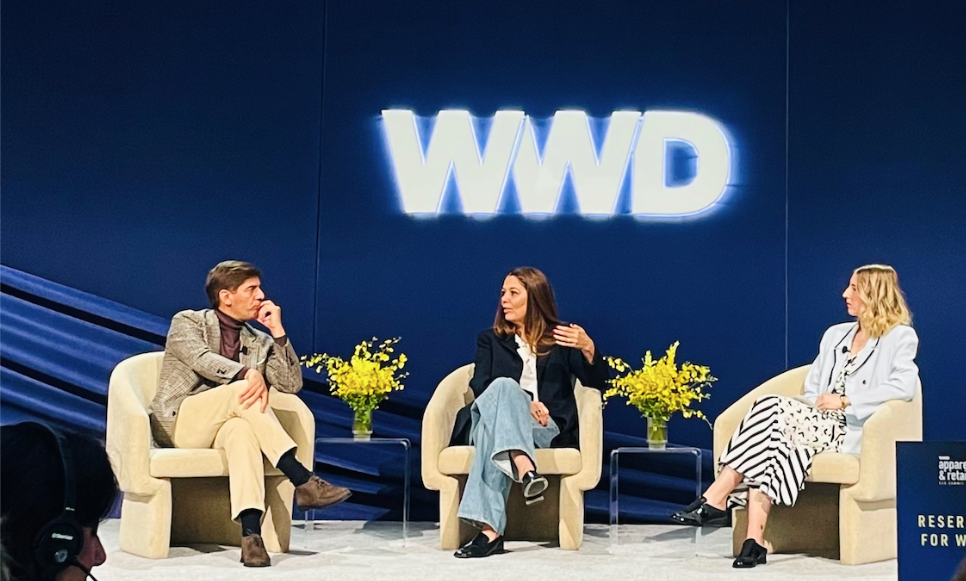 (r)Kaley Roshitsh, SAC editorial director moderating a panel at the WWD Apparel and Retail CEO Summit