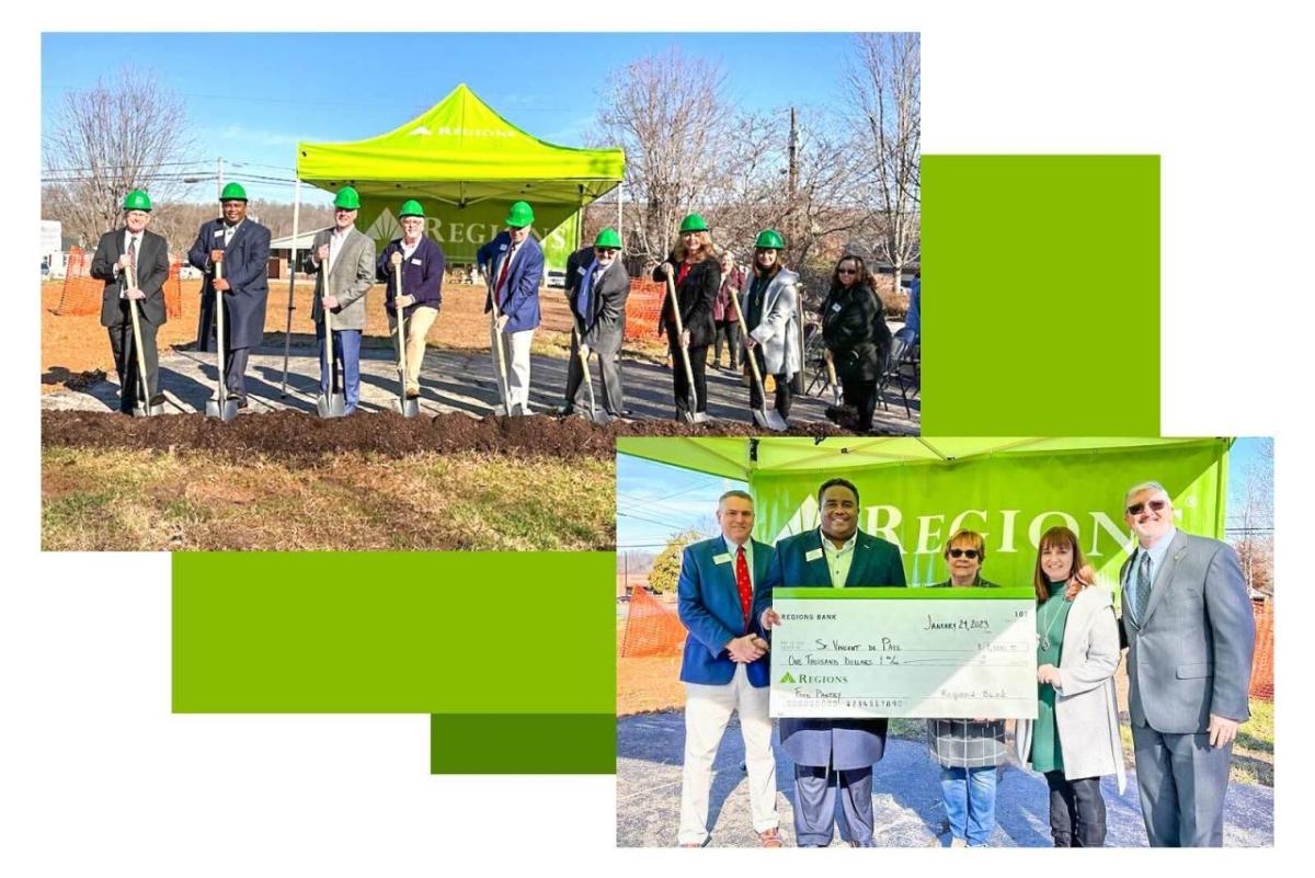 A row of people in business attire and green hard hats each holding a shovel in the ground. A small green tent behind them with "Regions Bank" on it. The second photo is a smaller group of people holding a large check.