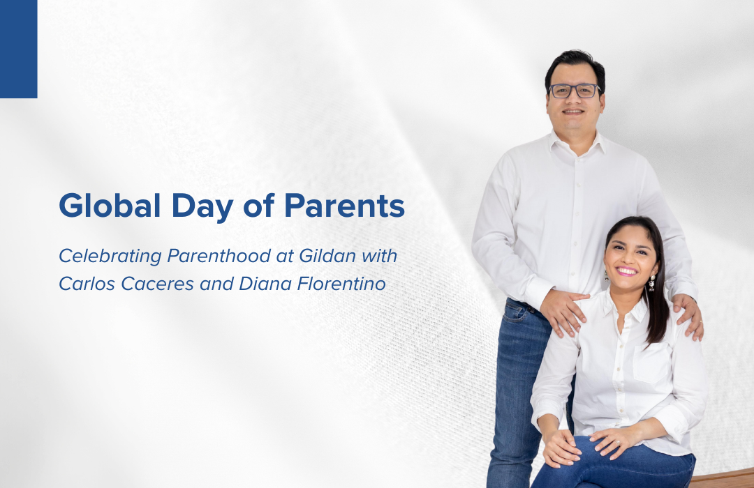 Celebrating Parenthood at Gildan for Global Day of Parents Two parents at Gildan featured against a white fabric backdrop.