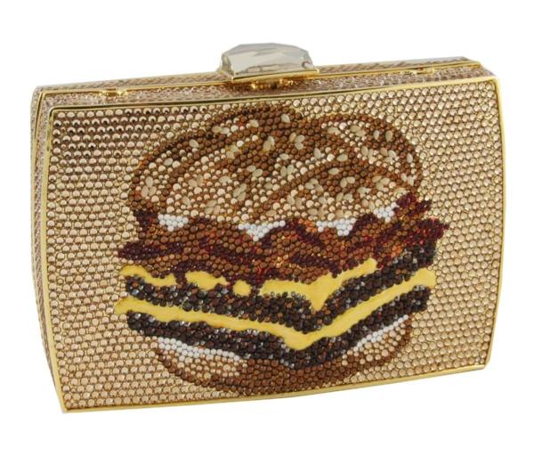 BEHOLD: THE BACONATOR AS A PURSE. OUR PARTNER SUGARDALE HAS CREATED AND DONATED 10 CUSTOM, HAND-MADE SWAROVSKI CRYSTAL PURSES TO BE AUCTIONED OFF IN SUPPORT OF THE DAVE THOMAS FOUNDATION FOR ADOPTION.