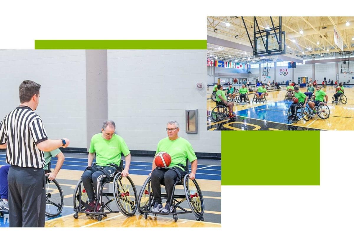 two images of people playing wheelchair basketball