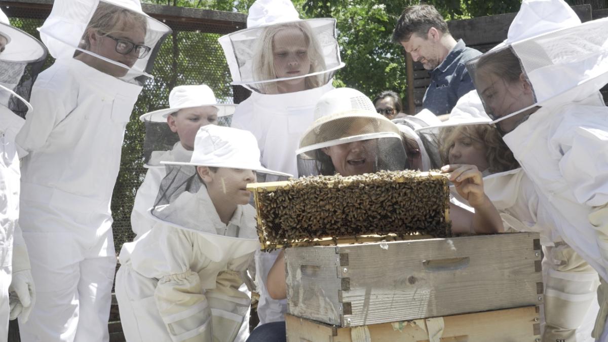 Cara Chapman teaches students about the importance of bees in our food system at the Sustainable Food Center apiary in Austin, Texas.
