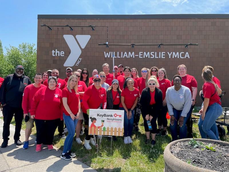 KeyBank volunteers shown in front of William-Emslie YMCA.