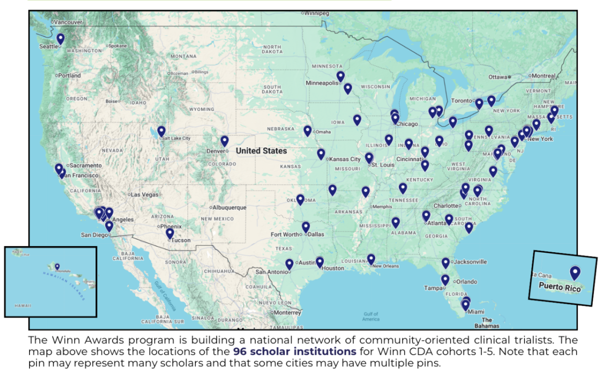 The Winn Awards program is building a national network of community-oriented clinical trialists. The map above shows the locations of the 96 scholar institutions for Winn CDA cohorts 1-5. Note that each pin may represent many scholars and that some cities may have multiple pins.
