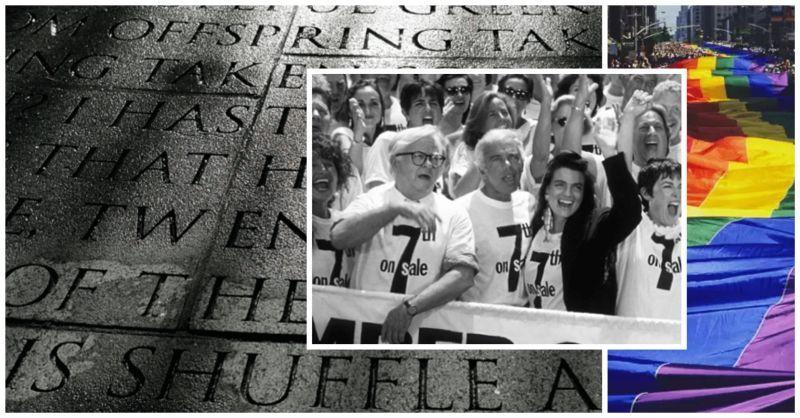 Collage of photos. Black and white engraved words on a stone, A rainbow of fabrics stretching down a street, and a black and white photo of a group of people all wearing 7th on sale shirts and cheering.